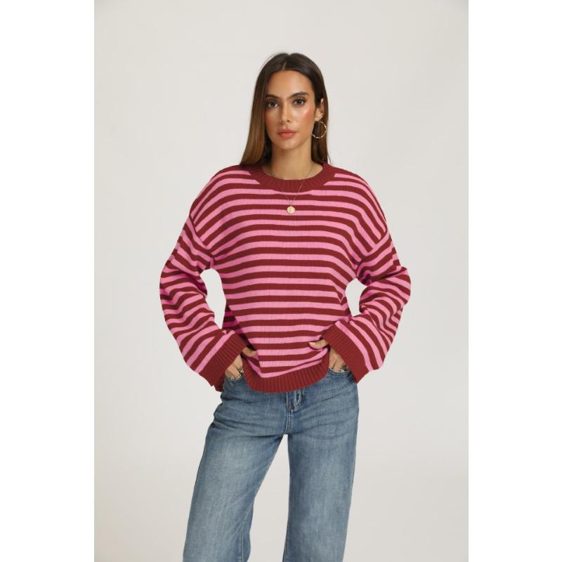 Women Loose Striped Pullover Sweater Crew Neck Long Sleeve Knitwear Autumn Winter