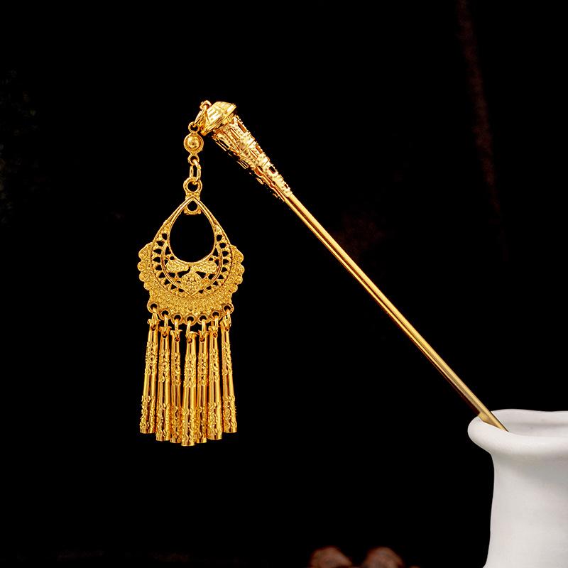 Hollow Geometric Tassel Hairpin for Women - Ethnic Style with Water Drop Leaf Round Design, Hanfu Accessory