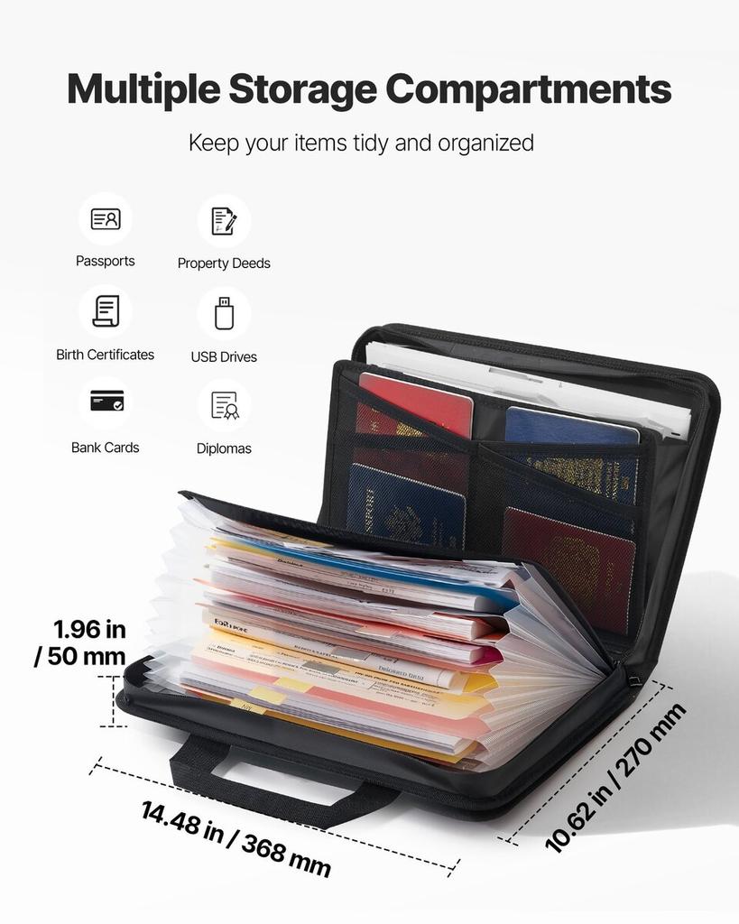 Fireproof Document Bag, 1000 Heat Insulated Fireproof & Waterproof Bag, Portable Multi-Layer File Storage Security Organizer Home Office Travel Use,