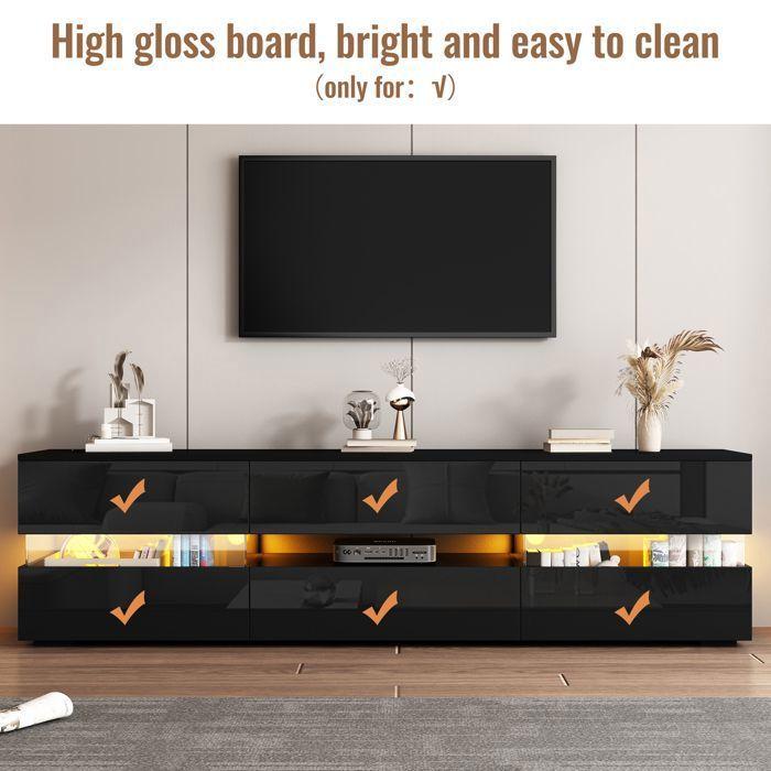 Meuble TV moderne noir brillant, avec éclairage LED, 2 portes, 1 tiroir, adapté à un téléviseur de 70 pouces, 160 x 39 x 45 cm