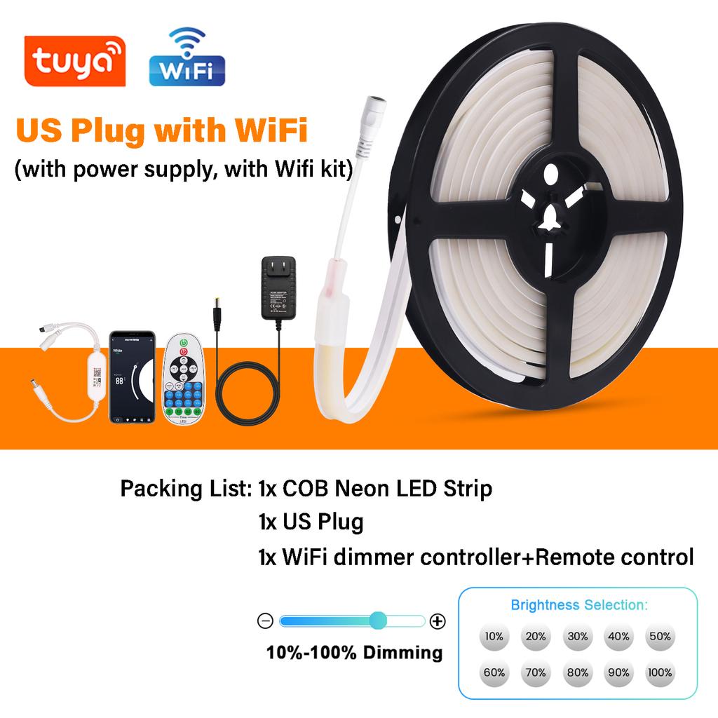 Tuya WiFi Светодиодная лента COB 12В 24В IP65 Водонепроницаемая Гибкая Неоновая Лента 320 светодиодов/м Диммируемая Световая планка COB с EU/US вилкой