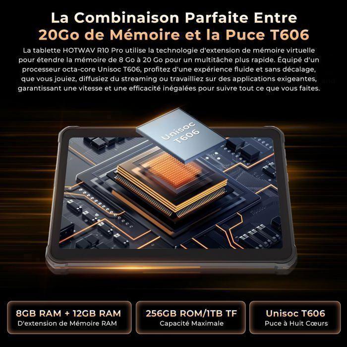 Tablette Robuste HOTWAV Tab R10 Pro 20Go+256Go 10.1" FHD+ Batterie 10080mAh Tablette Tactile Android 14 Double SIM 4G/GPS Noir