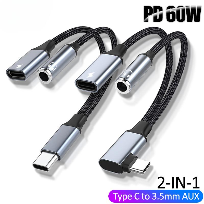 Преобразователь USB-кабеля Type C на 3,5 мм с поддержкой PD 60 Вт, USB-AUX, с адаптером-разветвителем для наушников 2-в-1, аудиокабель для наушников Huawei