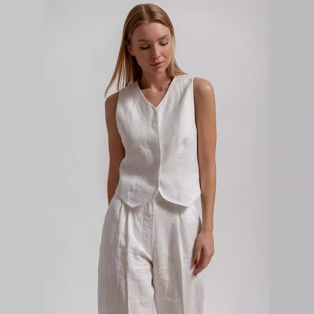 GMXIA Комплект из жилета и длинных брюк, летний повседневный чисто-белый жилет без рукавов с V-образным вырезом, комплект из жилета и длинных брюк