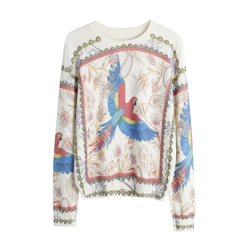 Модный женский свитер Y2K, уличная одежда, разноцветный пуловер с принтом птицы, женские вязаные топы с круглым вырезом и нижней частью Mujer C-069