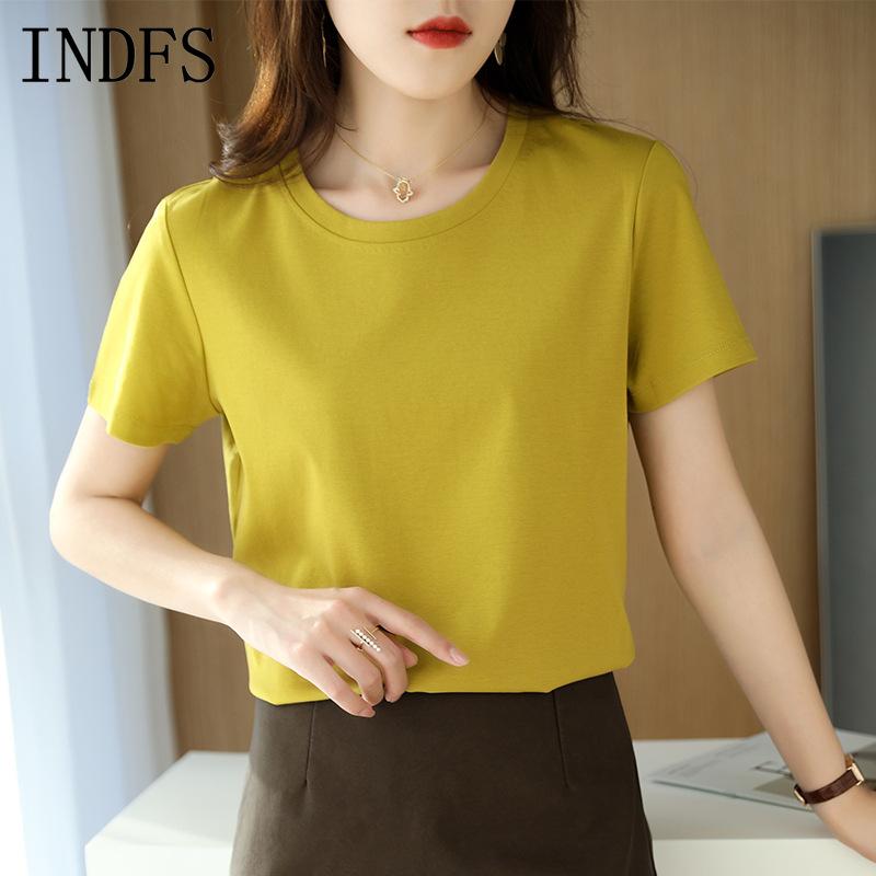 INDFS Women's Fashion Casual Summer Spring Solid Color Print Short Sleeve O-Neck Blouses & Shirts