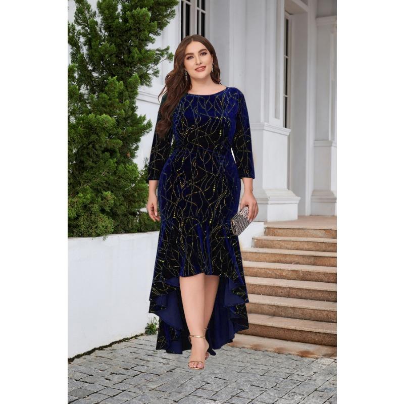Women's Dress Plus Size Three-quarter Sleeve Mermaid High Low Hem Extra Long Velvet Dresses