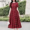 Women Summer Lace Splice Round Neck Casual Short Sleeve Print Dress