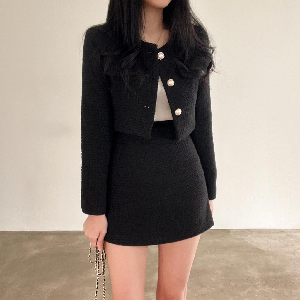 Женский твидовый комплект из двух предметов, длинный рукав, жемчужные пуговицы, короткая куртка, А-силуэт, мини-юбка, комплект, осенне-зимняя одежда