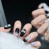 100% HANDMADE Medium Coffin Shape Fake Nail Set with Glue Bow Camellia Black White Splicing Press On Nails Reusable Nails