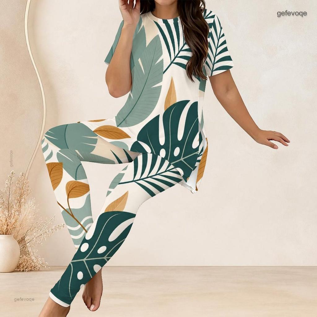 Women Plus Size Tropical Leaf Printed Two Piece Set Round Neck Short Sleeve Longline Top Fitted Long Pants