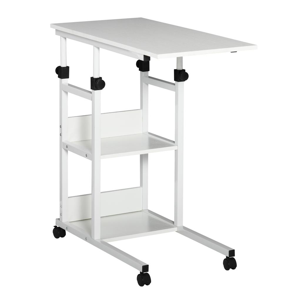 Side Table with Casters, Height-Adjustable, Compact, 2 Shelves, Metal Frame, 80x40x72-82 cm, White