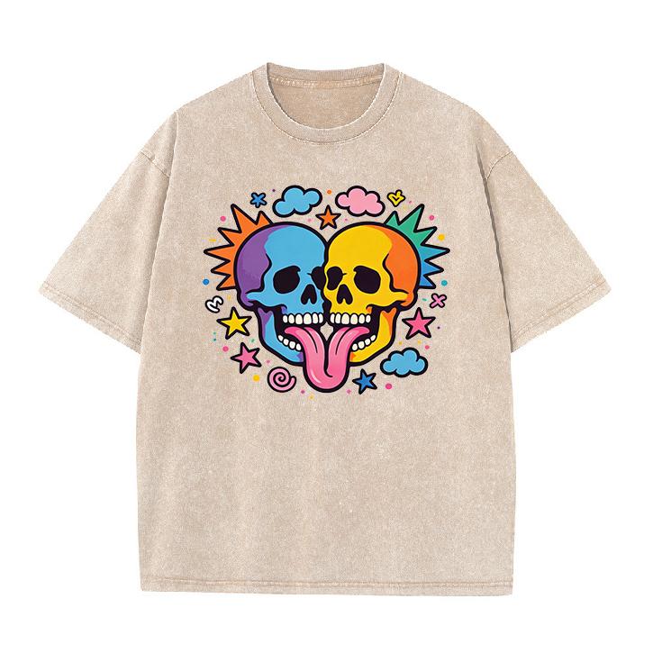 Y2K Skull Graphic T Shirt Men Women Vintage Washed Purple Oversized Tee Colorful Double Skull Print Streetwear Short Sleeve Tee