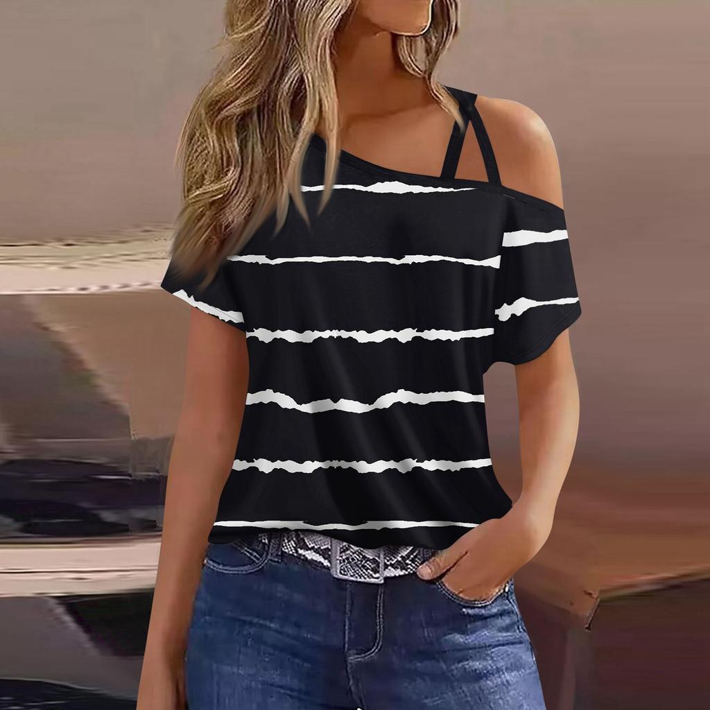 Women's Fashion Casual Print Sexy Cold Shoulder Short Sleeve T-shirt Top