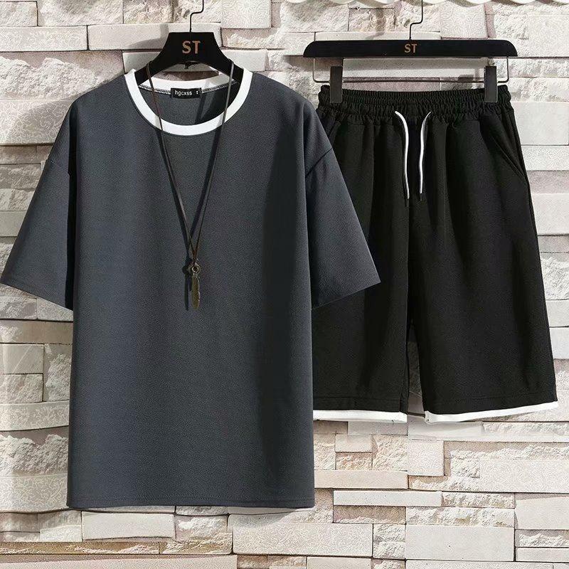 Мужская футболка + шорты, летняя дышащая повседневная футболка, комплект для бега, модный мужской спортивный костюм с принтом в стиле Харадзюку