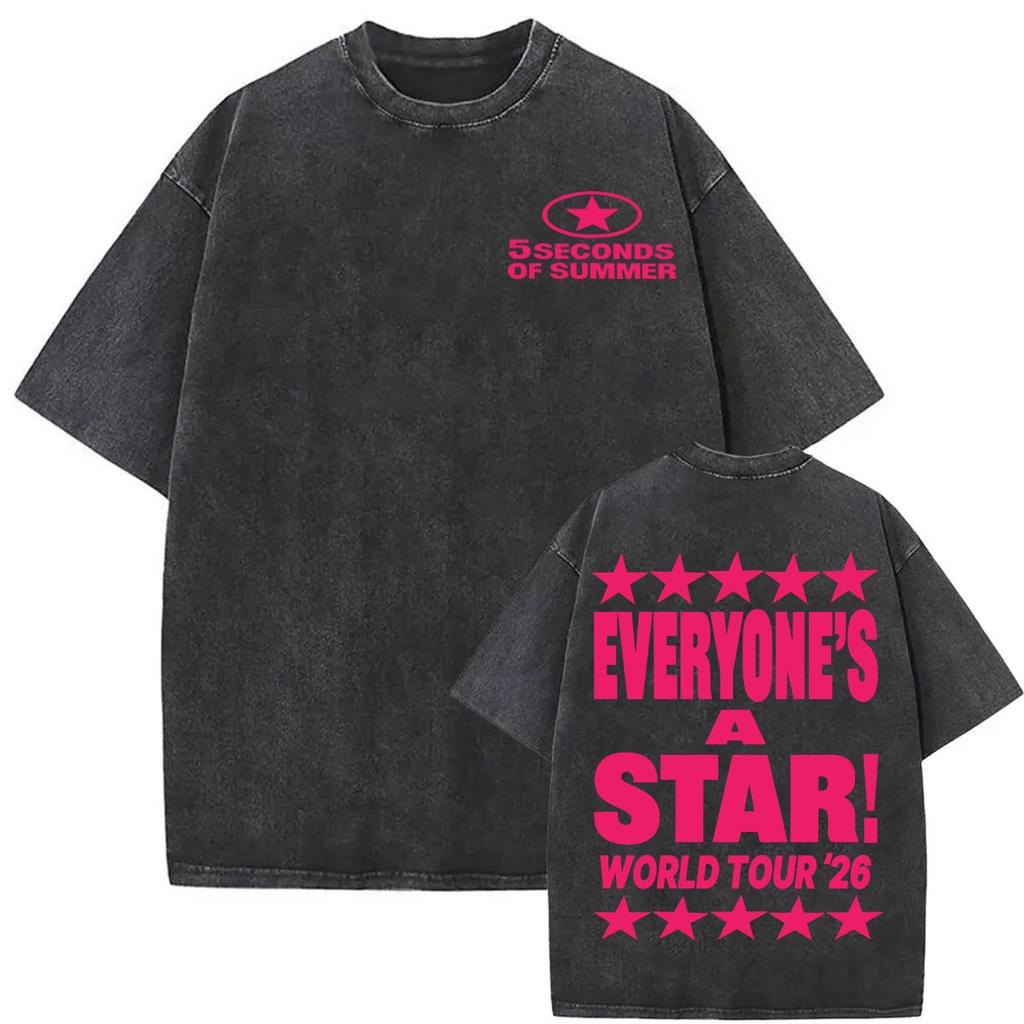 5 Seconds of Summer Everyone's A Star World Tour 2026 Vintage Washed T-shirts Men Women Fashion Hip Hop Gothic Oversized T Shirt
