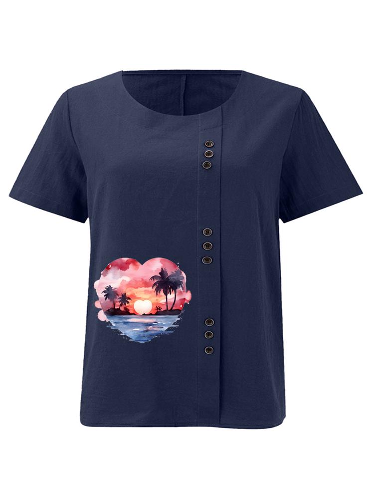 Women's Fashion Heart-shaped Scenery Printing Shot Sleeve T-shirt Loose Cotton Shirt Casual Loose Summer Blouse Tops Plus Size