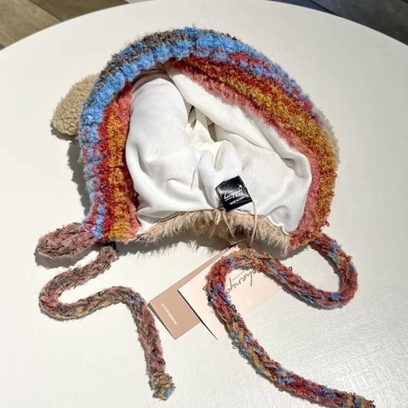 Милая маленькая кашемировая шапка Женская осенне-зимняя теплая шапка с завязками Вязаная шапка-ушанка Универсальный пуловер Универсальные милые рожки Плюшевая шапка-бомбер для мужчин