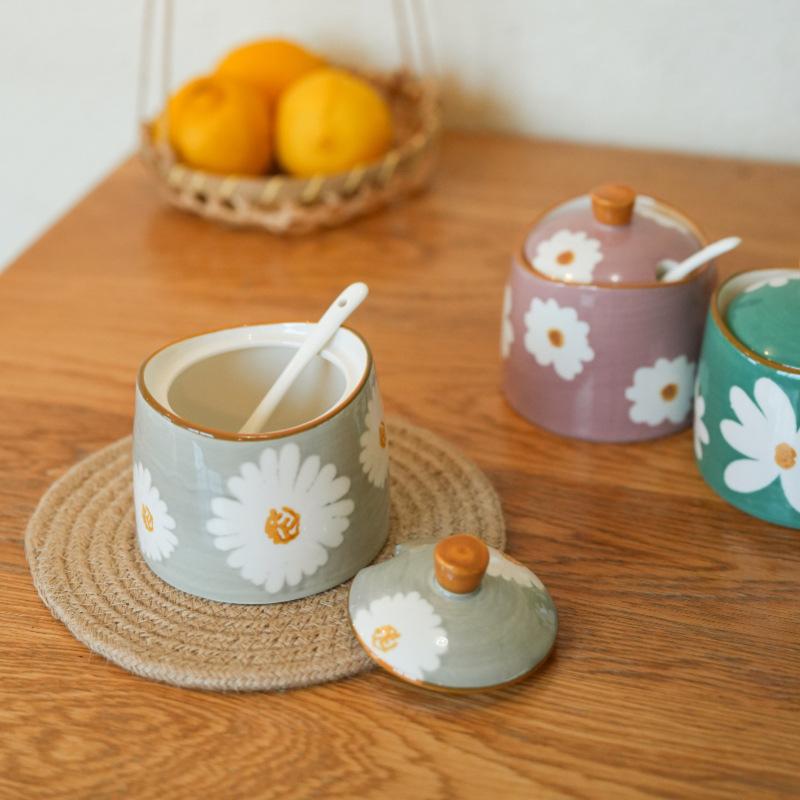 3pcs Ceramic Seasoning Jar, Hand Drawn Pattern Kitchen Seasoning Box, Sugar Jar Salt, Household Chili Oil Jar