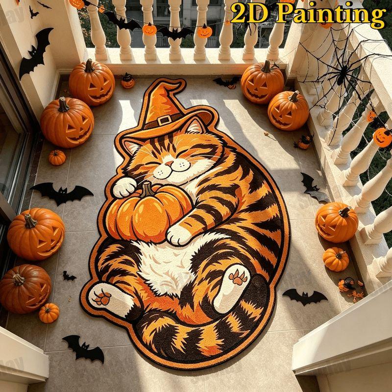 Cute Cartoon Halloween Cat Shaped Rug, Witch Hat Pumpkin Non Slip Floor Mat for Bedroom Entryway Fall Home Decor
