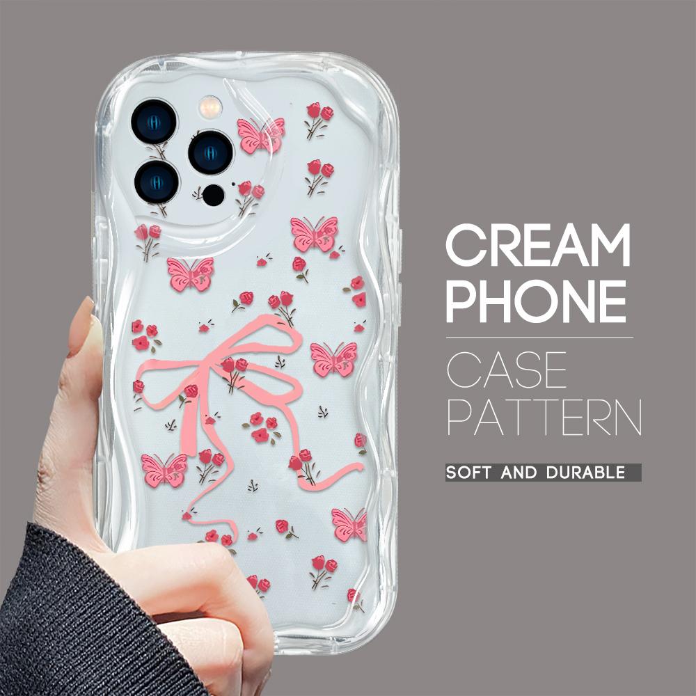 Для iPhone 16 15 14 13 12 Samsung S24 S23 S22 A06 A13 A14 A15 A16 A55 Redmi Note 13 12 Цветы Бабочка Кремовая Текстура Волнистый Край Мягкий Чехол Для Телефона