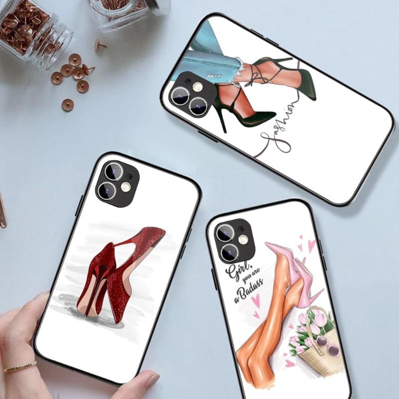 Модный чехол для телефона на высоком каблуке для девочек IPhone 14 13 12 11 XS X 8 7 6 Plus Mini Pro Max SE 2022, черный стеклянный чехол из поликарбоната и ТПУ
