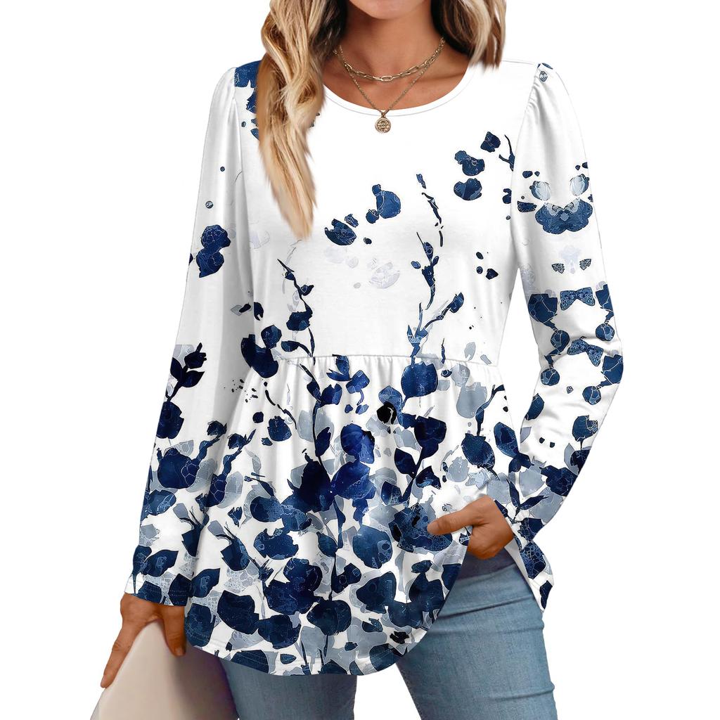 Women's Casual Fashion Long Sleeve Shirt Floral Printed Tunic Top
