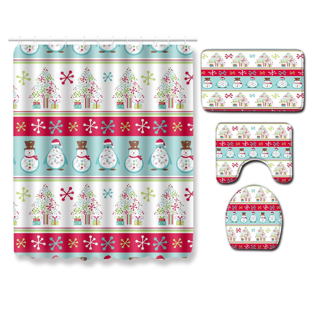Christmas Waterproof Shower Curtain Four-Piece Combination Floor Mat Entrance Door Mat Bedroom Living Room Carpet