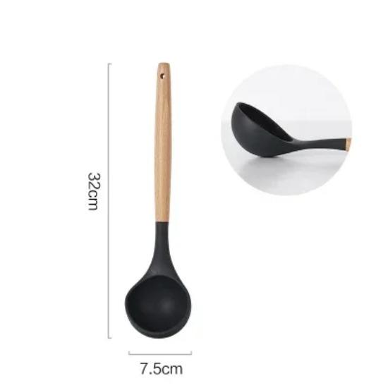 Силиконовая лопатка, ложка, половник, лопатка с прорезями, лопатка для пасты, антипригарное покрытие, кухонная утварь, силиконовые инструменты для приготовления пищи с деревянной ручкой