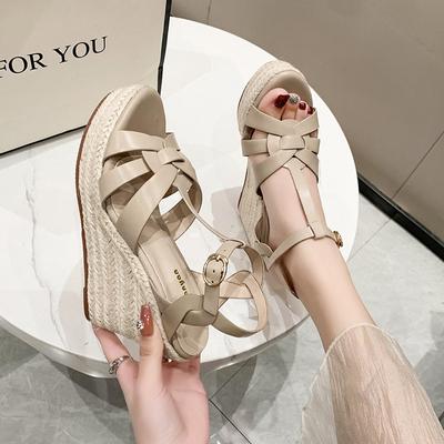 Круглая головка пеньковой веревки летняя и осенняя мода новые полые танкетки на очень высоком каблуке повседневные модные сандалии женские одинарные туфли