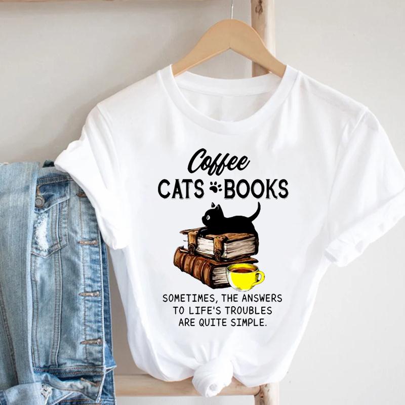 Футболка унисекс с принтом Lovely Pet Cat Coffee Letter Sweet Top Летняя модная футболка с коротким рукавом Lady Fe Одежда унисекс Повседневная графическая футболка унисекс