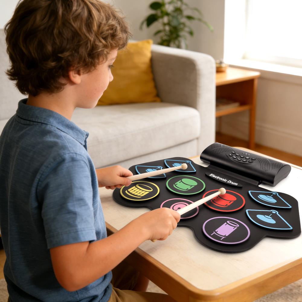 Hand Roll Drum Set 9-Pad Drum Set Built-in Stereo Speakers Foot Pedal Birthday Gift Drum Practice Set