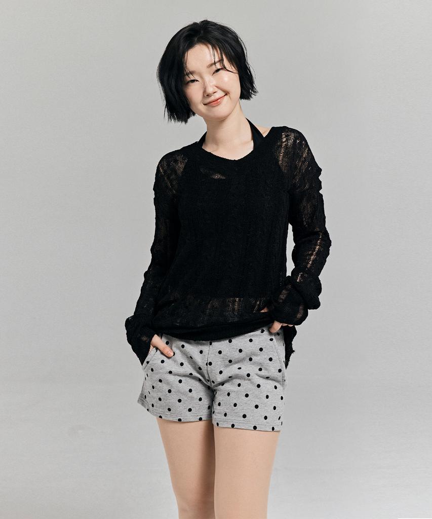 AWESOME STUDIO Distressed See-Through Long Sleeve Knit Black