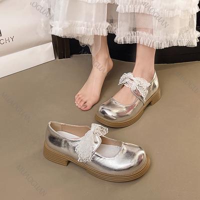 Ретро Серебристые Туфли на Платформе Толстая Подошва Мелкий Вырез Одинарные Туфли Женские Весна Осень Кружево Бант Средний Каблук Туфли Мэри Джейн