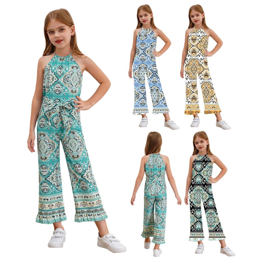 Детский комбинезон без рукавов с цветочным принтом и широкими штанинами для девочек, цельный комбинезон в стиле бохо с поясом, летний сарафан, комбинезон