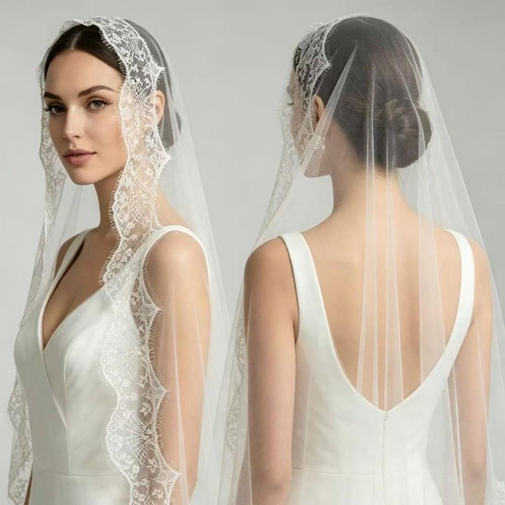 2M Long Bridal Headscarf Lace Edge Muslin Head Covering Elegant Wedding Veil  Cathedral Wedding