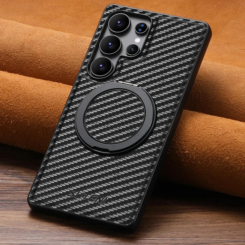 Для Samsung S25 Ultra Кожаный чехол из углеродного волокна с поддержкой беспроводной зарядки Для Galaxy S24 Plus S23 360-градусный вращающийся кронштейн Магнитная крышка