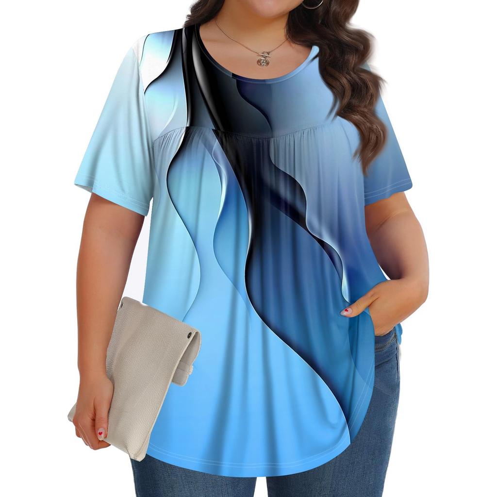 Women's Fashion Casual Print Round Neck Short Sleeve Top Womens Plus Size Tops