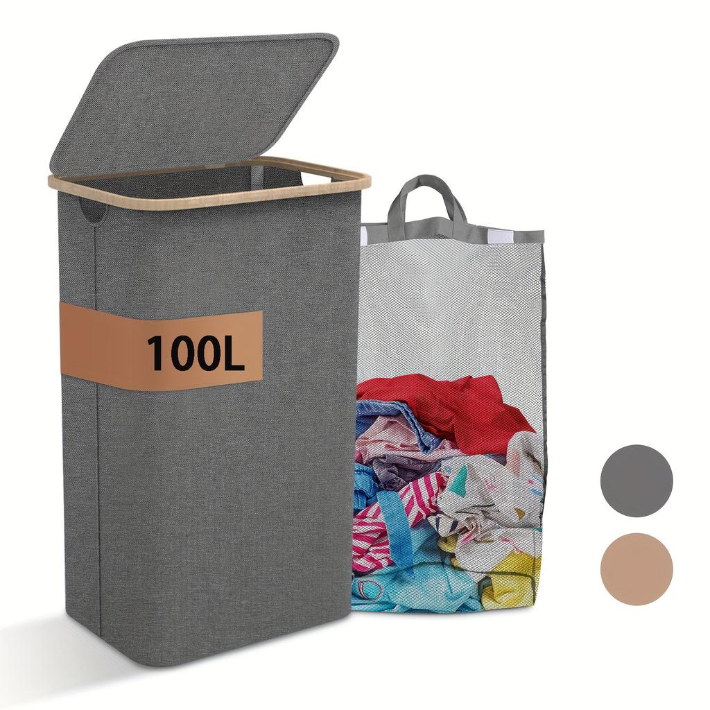 100L Large Laundry Hamper with Handles and Lid, Collapsible Clothes Hamper with Removeable Mesh Bag, Mesh Washable Laundry Bags