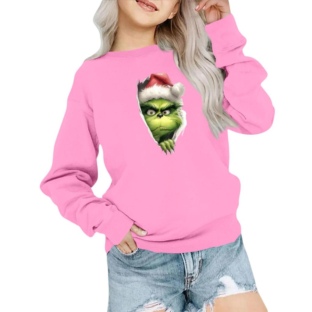 Kids' Fashion Loose-Fit Casual Long-Sleeve Christmas Print Oversized Crewneck Sweatshirt