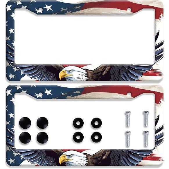 n Flag Eagle License Plate Frame Patriotic Eagle License Plate Colorful Stainless Steel Auto Parts Funny License Plate Decoration with Screws Size
