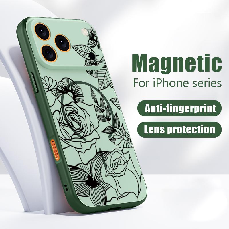 Чехол Для iPhone 17 Pro Max Линия Розовые Цветы Листья Узор Магнитный Для Magsafe Гибридный Тонкий Матовый Чехол Для iPhone 16 15 14 13 Pro Max