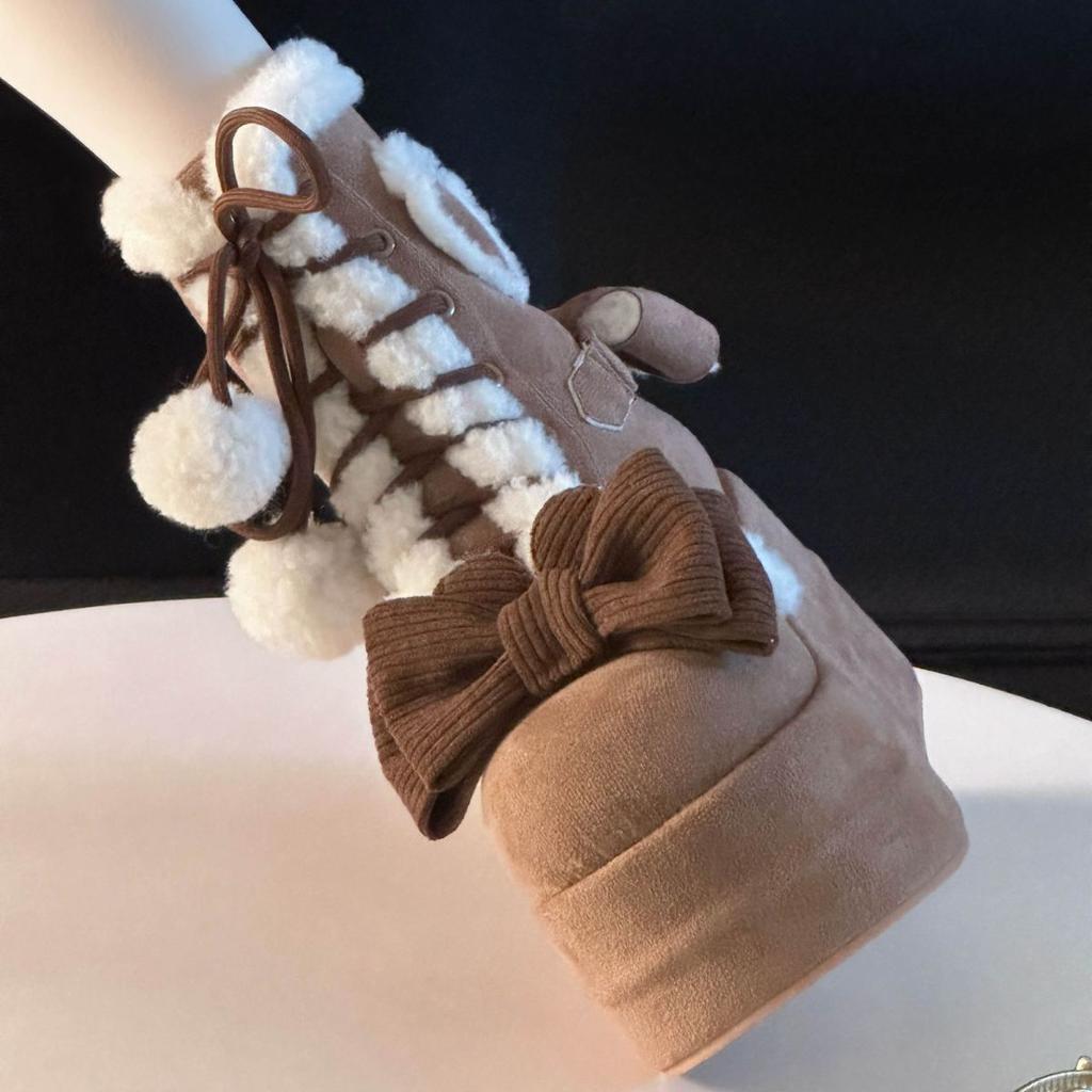 Милые зимние ботинки до середины икры в стиле Лолита для девочек, Симпатичные женские студенческие плюшевые теплые ботинки на шнуровке с бантами, на танкетке, увеличивающие рост