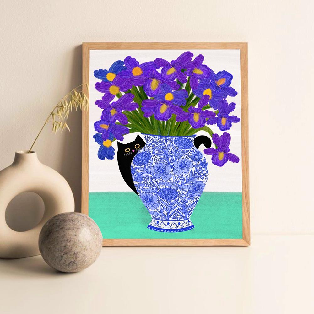 Черный кот и маки принт синие цветы дневной постер кошка скандинавский абстрактный кот животное холст картина настенные картины декор