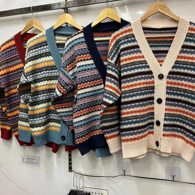 Fashion Casual Striped Cardigan Women's V-neck Casual Spring Autumn Vintage Jacquard Sweater Knitted Sweater Jacket