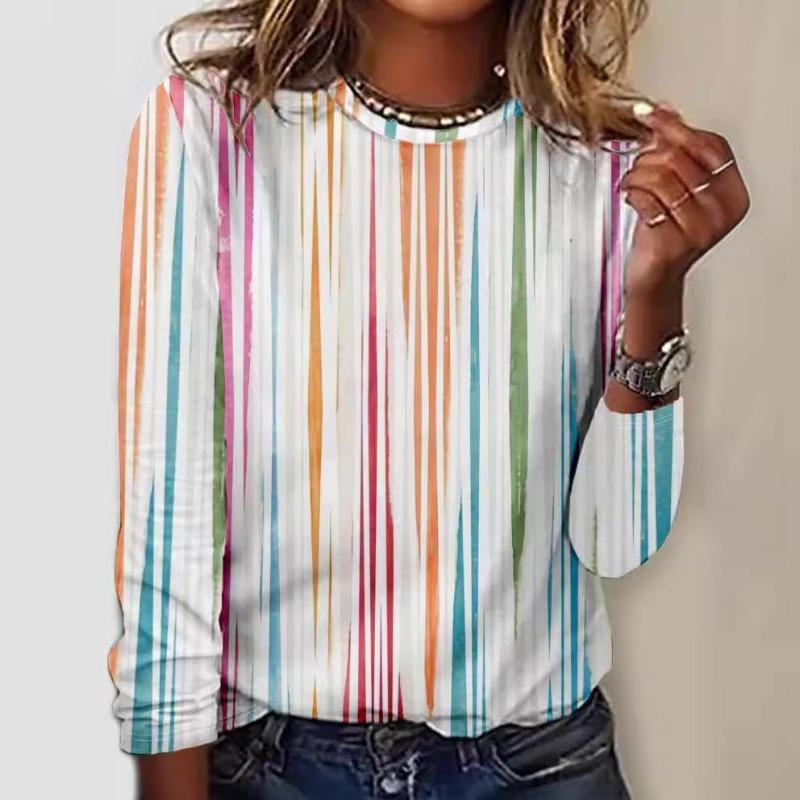Summer Butterfly Floral Stripe Printed Round Neck Long Sleeve Loose T-Shirts Women’s