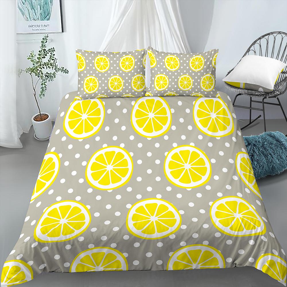 Постельный комплект с принтом лимонов Желто-зеленый Фруктовая тематика Розовый Пододеяльник Размер Кинг/Евро Милый Мультяшный 2/3 шт. Полиэстеровый Чехол для одеяла