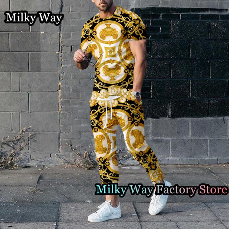 Роскошный мужской спортивный костюм с принтом цепочки, летний комплект из 2 предметов, футболка и брюки, винтажный спортивный костюм, мужская модная одежда, ретро наряд