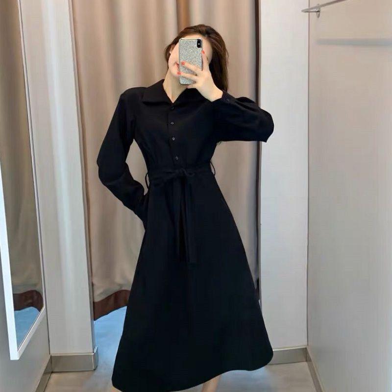 Spring and autumn new French art students commute wear high-end small long-sleeved black dress women