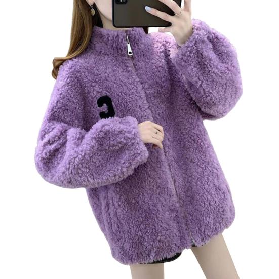 Winter Lady Coat Thickened Double-sided Faux Fleece Solid Color Stand Collar Neck Protection